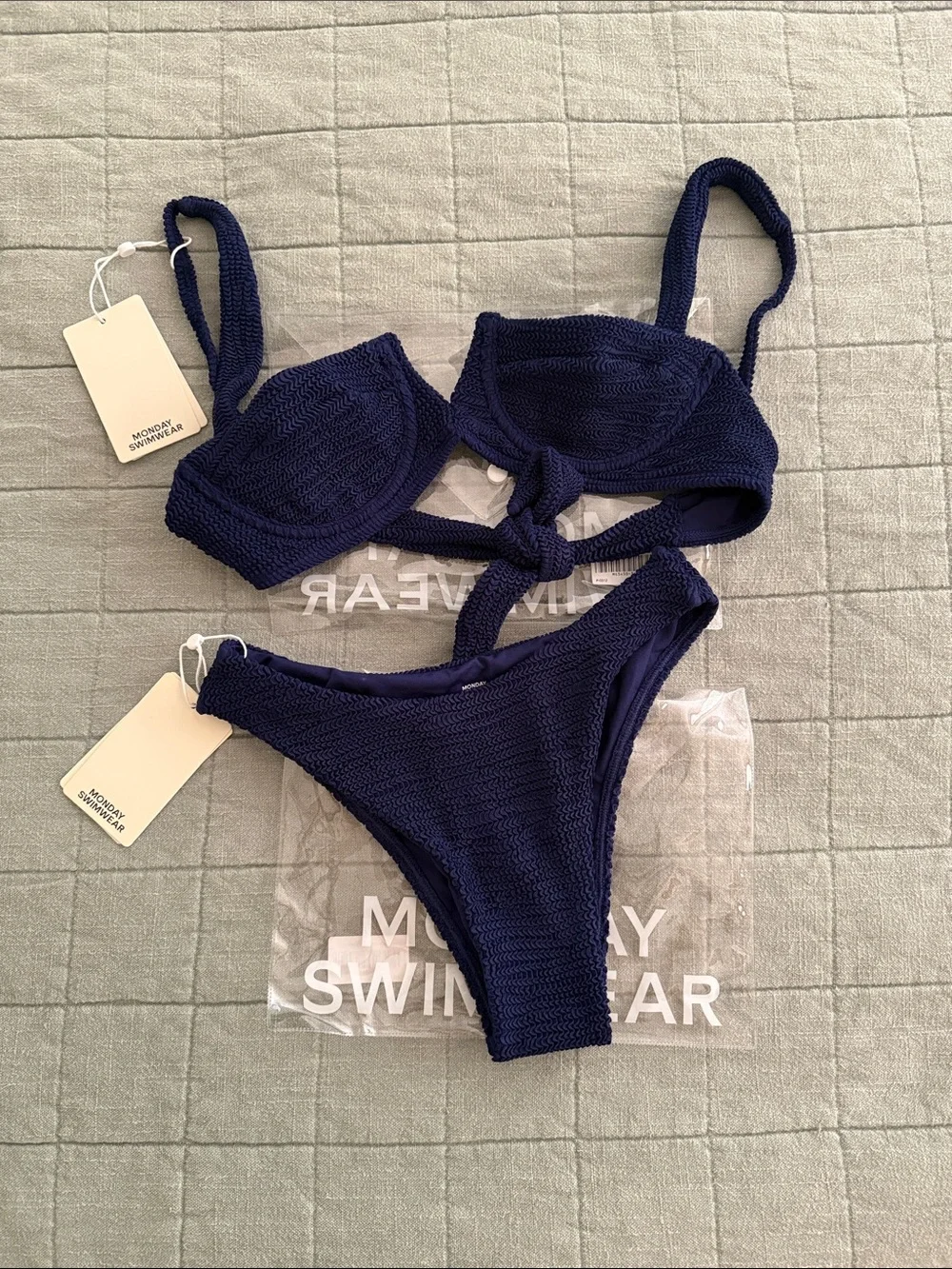 Monday Swimwear Deep Navy Textured Tie-Front Bikini Set